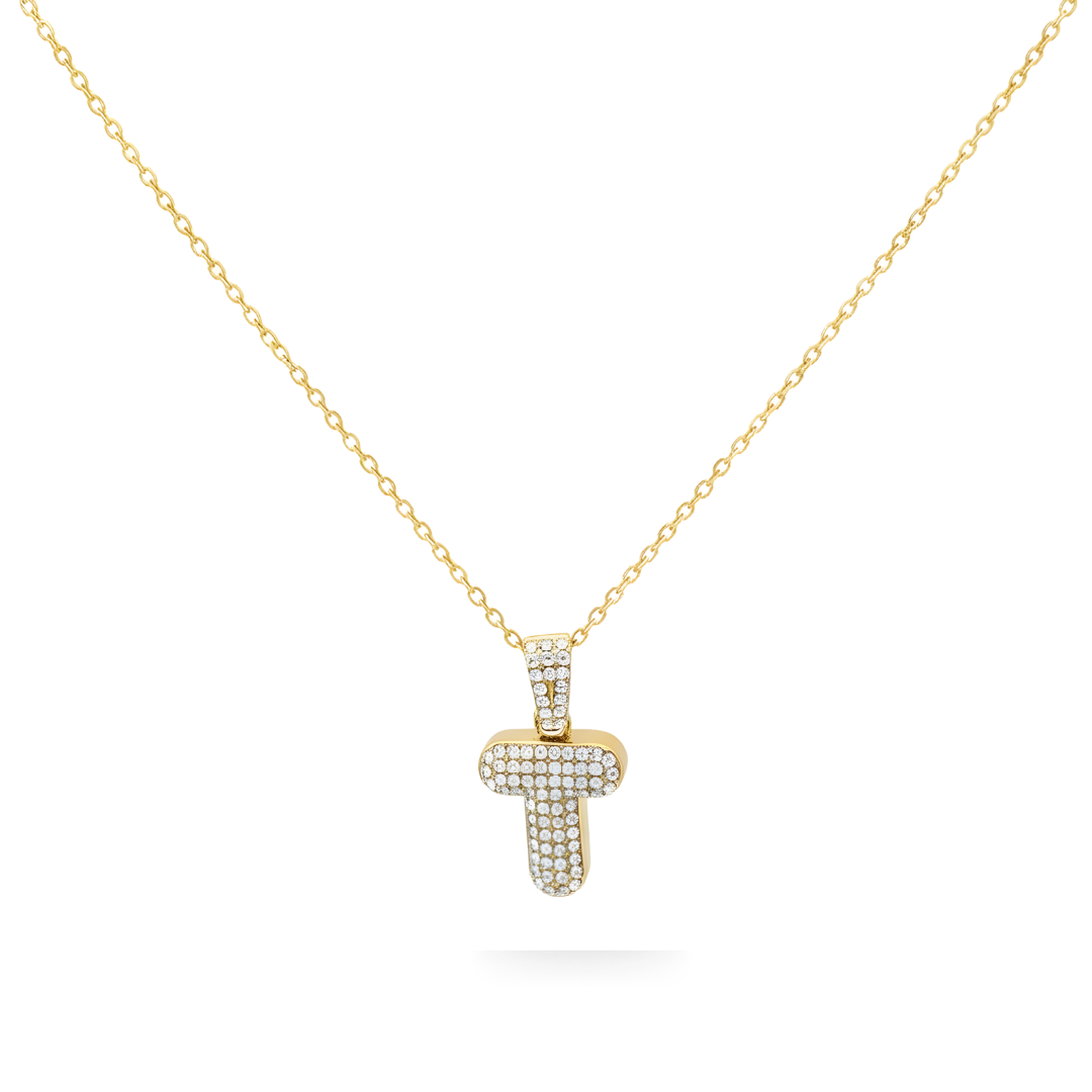18K Gold Filled Iced Out Pavé Initial Letter Pendant Necklace – Sparkling CZ Alphabet Monogram Necklace for Women & Men